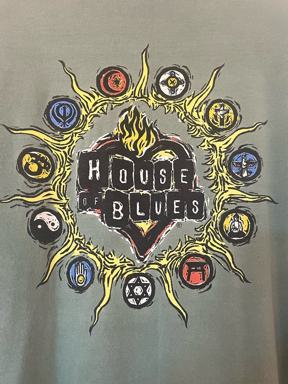 House of Blues Graphic Tee - Green with Yellow & Black Design